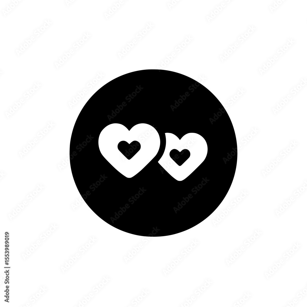 Solid black icon with two outlined hearts side by side inside a circular background Solid black icon with two outlined hearts side by side inside a circular background