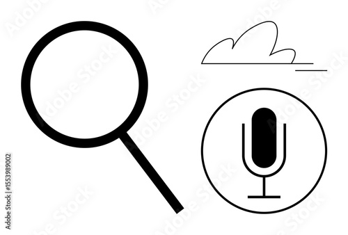 Magnifying glass, microphone icon inside circle, and cloud suggesting search, voice input, and cloud storage. Ideal for technology, communication, research, internet innovation voice recognition