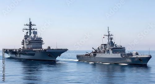 Military Ships Moving Through Calm Ocean Water in Clear Blue Sky