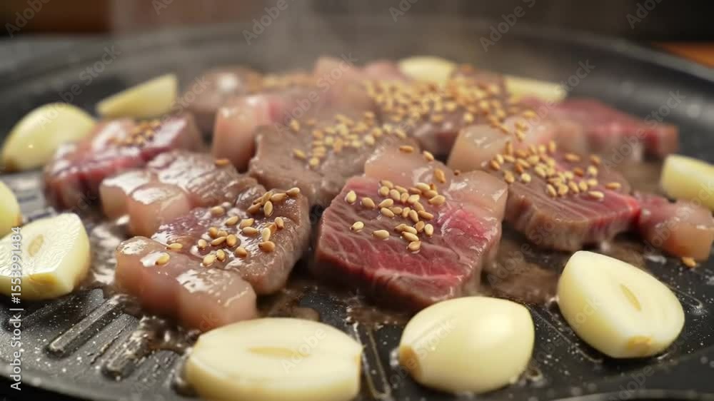 Macro Looping Steam on Korean BBQ Galbi Beef Grill Festival Shot Macro Looping Steam on Korean BBQ Galbi Beef Grill Festival Shot