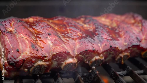 Macro Looping Steam and Sauce Glaze on American Festival BBQ Ribs