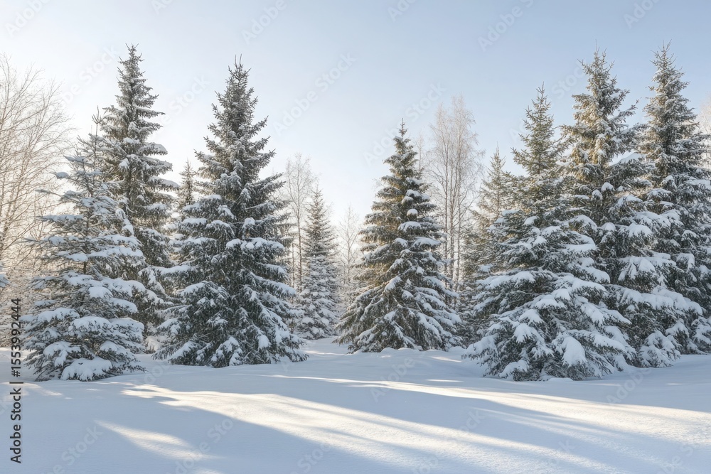 Naklejka premium Snowy evergreens under a bright sky in a winter landscape