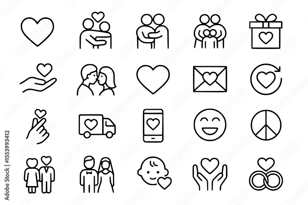 Fototapeta premium Love & Relationship Line Icons: Romance, Family & Care Vector Set