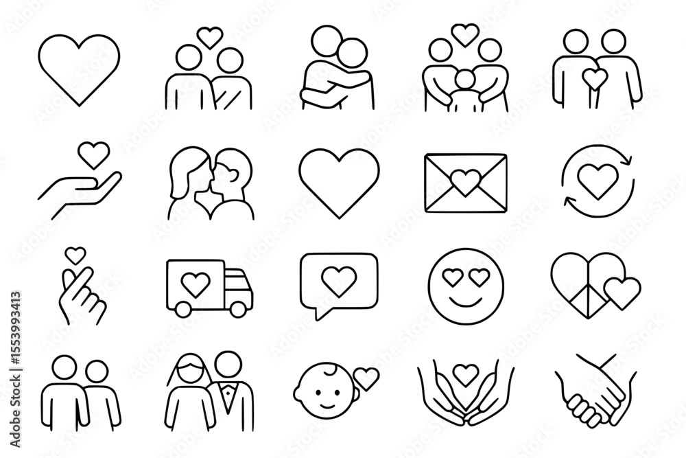 Fototapeta premium Love & Relationship Line Icons: Romance, Family & Care Vector Set