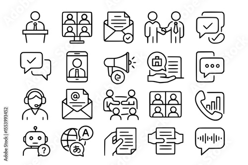 Business Communication & Collaboration Line Icons: Meeting, Support & Global Chat Vector Set