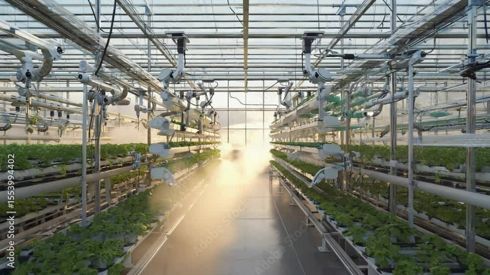 The expansive interior of a large, modern greenhouse with rows of plants, symbolizing advanced agriculture, sustainable farming, and controlled environment cultivation. Ideal for eco or food themes. The expansive interior of a large, modern greenhouse with rows of plants, symbolizing advanced agriculture, sustainable farming, and controlled environment cultivation. Ideal for eco or food themes.