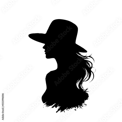 Silhouette of a woman with long hair wearing a wide-brimmed hat  