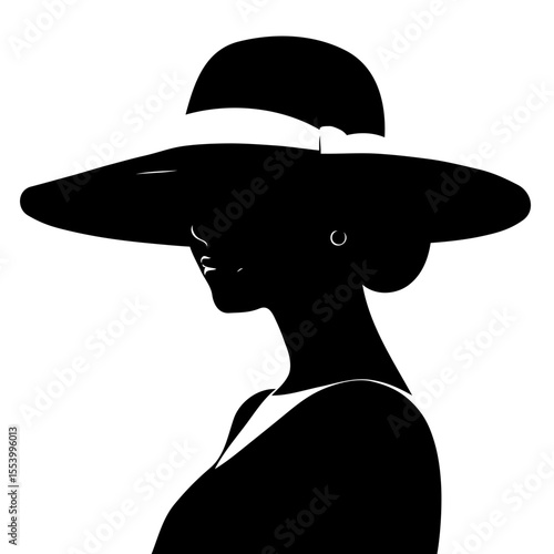 Elegant woman silhouette wearing a large hat in black and white  