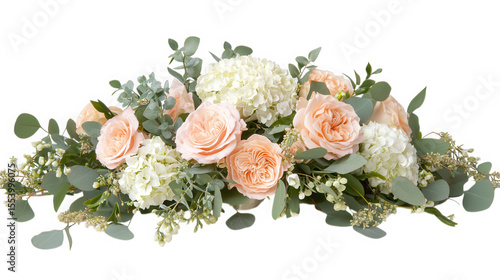 Elegant peach roses and white hydrangea floral arrangement isolated on transparent background