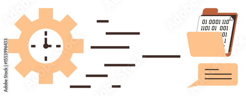 Gear with a clock, binary-filled file, and chat bubble illustrate streamlined workflow, time management, data processing, communication, digital efficiency, and automation in a simple flat metaphor