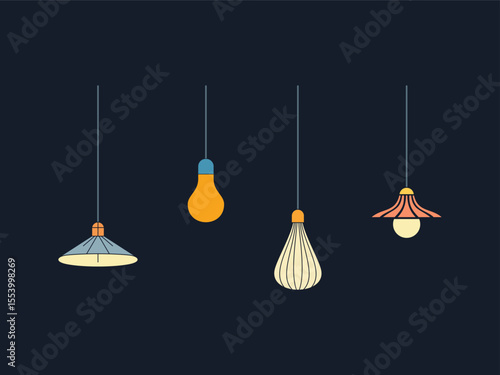 Colorful hanging lamps vector illustration. Modern flat vector of various hanging pendant lamps in bright colors on a dark background. Great for interior design, decoration, or lighting concepts.