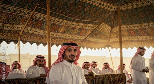 Under a richly patterned tent, a Saudi man in traditional attire sits among his peers, radiating calm amidst the sunlit gathering.