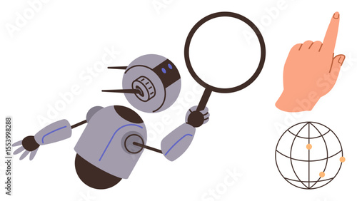 Robot examining with magnifying glass, pointing hand, globe with marked nodes. Ideal for AI, search, exploration, automation, innovation technology teamwork. A simple flat metaphor