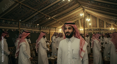 Under the Desert Tent, a Young Man Commands Attention in Traditional Saudi Attire.