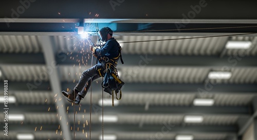Industrial Welder Suspended MidAir Performing Welding on Steel Beam with Sparks