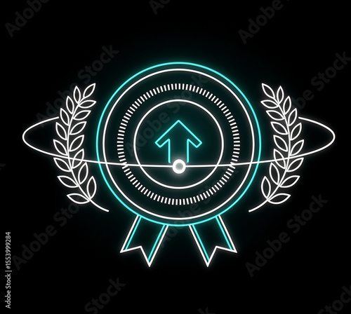 Neon medal award with up arrow and laurel wreath celebrating success