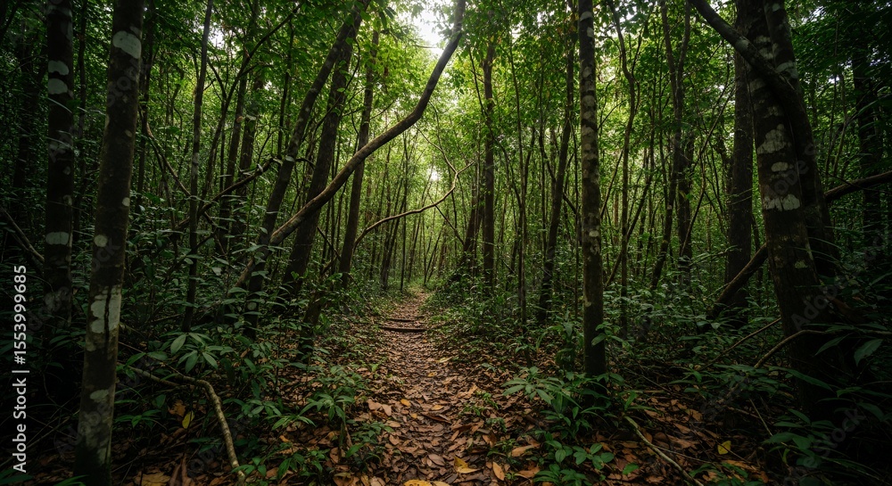 Obraz premium Lush Green Forest Path Covered in Fallen Leaves and Dense Vegetation