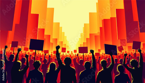 Vibrant Urban Protest Crowd Illustration with Raised Fists and Banners in Sunset Cityscape, Social Activism Concept