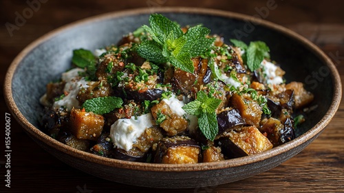 Bowl of roasted eggplant with herbs and yogurt.