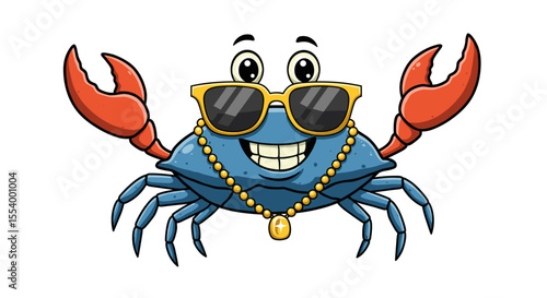 Cartoon crab with sunglasses and gold chain smiling with claws raised in a white background view