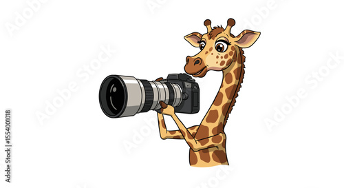 A cartoon giraffe holding a camera with a long lens and looking at the viewer with a cute expression