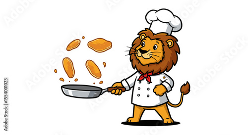 Cartoon lion chef flipping pancakes in a pan with chef hat and uniform on a white background scene image