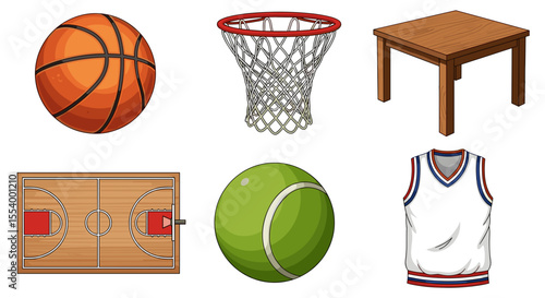 Illustration showing a basketball, net, table, court, tennis ball and a basketball jersey item set