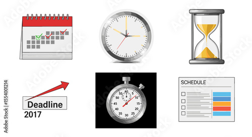 Collection of time management tools including a calendar clock hourglass and schedule list icon set