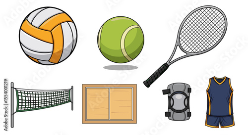 Illustration featuring a volleyball, tennis ball, racket, net, locker, pad, and basketball uniform set