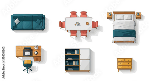 Overhead view of a living room, dining room, bedroom, and office furniture arrangement on white