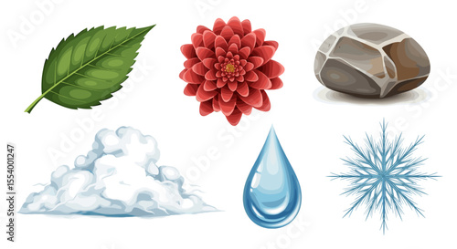 Illustration of a leaf flower stone cloud water drop and snowflake against a white background