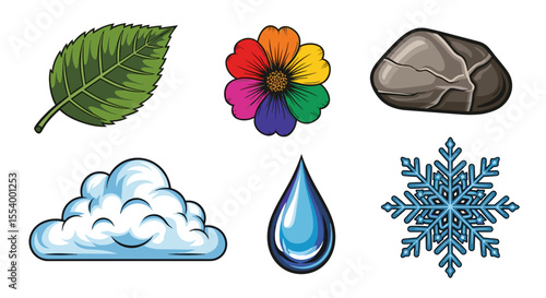 Illustration of nature elements including a leaf, flower, rock, cloud, water drop, and snowflake design
