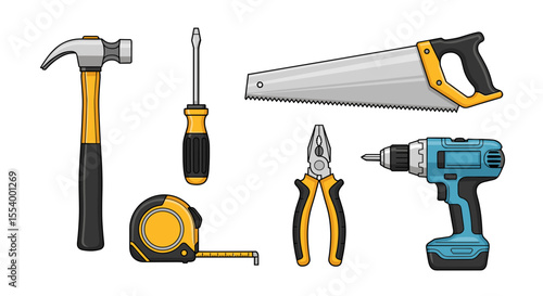 Illustration of a hammer screwdriver saw pliers drill and tape measure tools for construction and repair