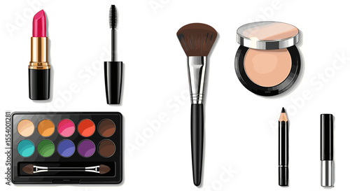 Arrangement of cosmetic products including lipstick eyeshadow palette and makeup brushes on white surface
