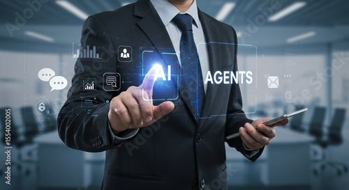 businessman pressing virtual button