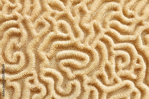 A close-up view of a brain coral shows a detailed pattern of curving lines and shapes in a natural light