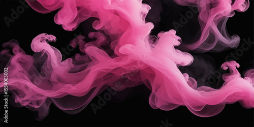 Pink smoke softly swirls against a black background, forming an ethereal, flowing wave of colour and light