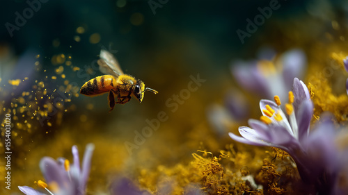 Honey bee flying and carrying pollen on purple flower