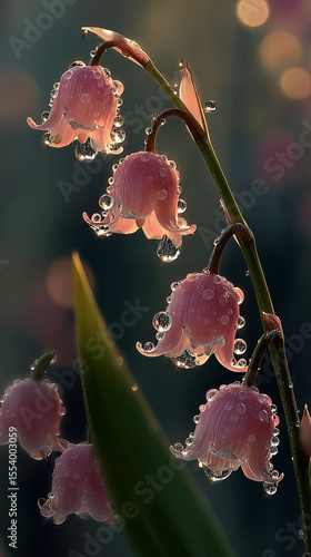 Pink fawn lily flowers covered in dewdrops at sunset