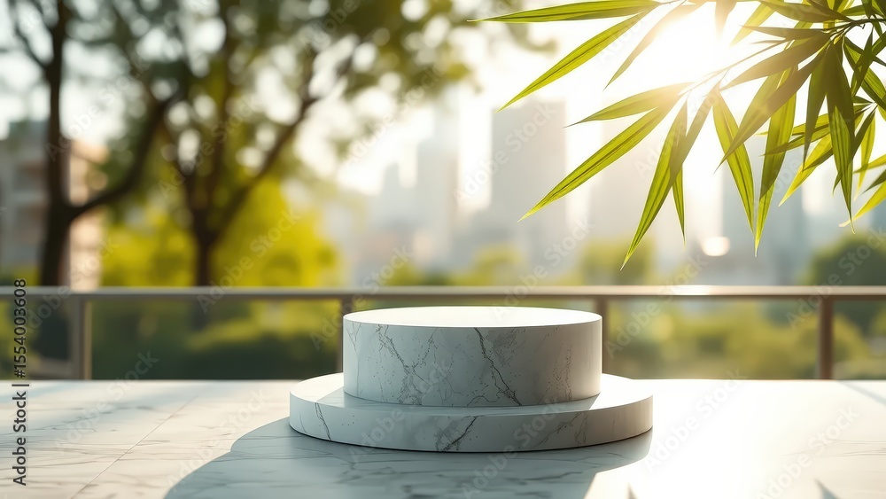 Product display podium with bamboo leaf background, round marble concrete Product display podium with bamboo leaf background, round marble concrete