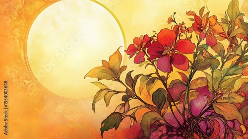 A vibrant floral design with warm tones and a sun-like shape.