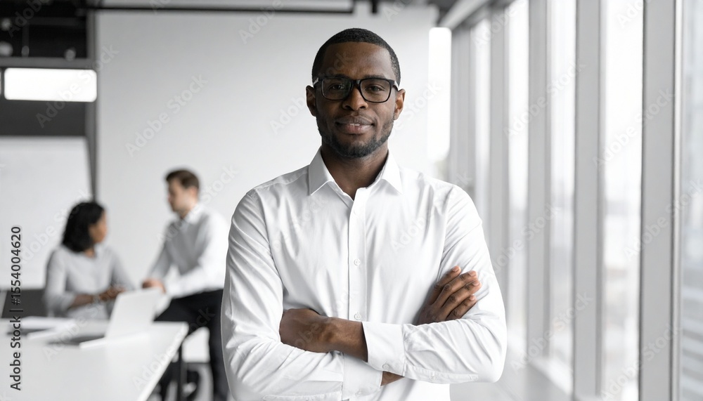 Black & white tone office blurred background, man in polite posture with hands gathered from right Black & white tone office blurred background, man in polite posture with hands gathered from right