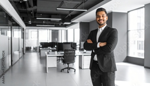 Wallpaper Mural Black & white tone office blurred background, man in polite posture with hands gathered from right Torontodigital.ca