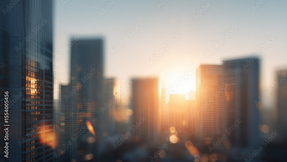 Fototapeta premium Blurred cityscape at sunset, warm hues dominate, buildings out of focus