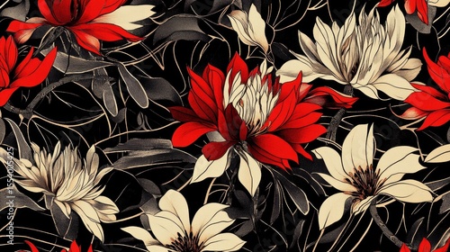 Detailed floral pattern with red and cream flowers on a dark background.