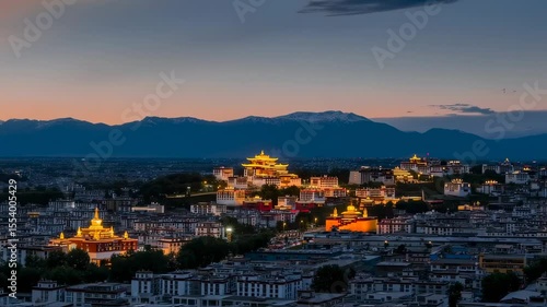 Panoramic Nightscape of Lhasa, Tibet, Featuring Potala Palace and Skyline at Twilight