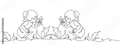 two little girls smelling flowers in continuous line drawing style. two little girls squatting to smell flowers. vector Green line linear sketch isolated on white background.
