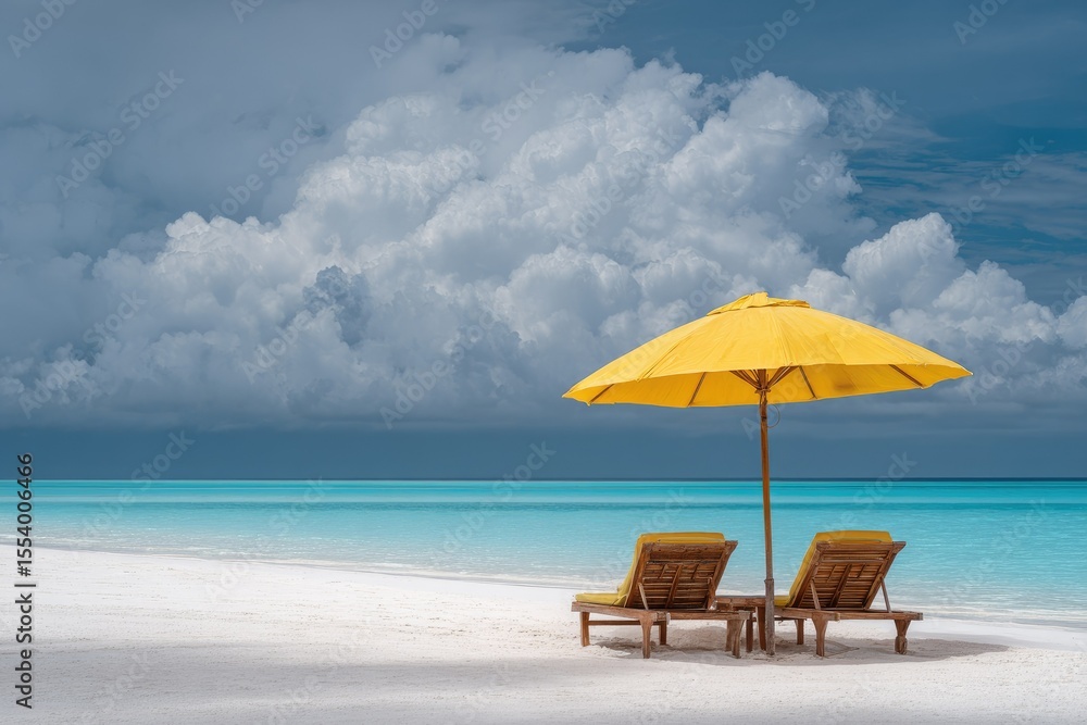 Obraz premium Tropical beach scene with yellow umbrella and chairs (5)