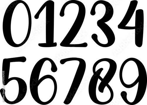 Stylish hand-drawn numbers 0–9 in bold script style. Great for display design, invitations, calendars, and craft projects.