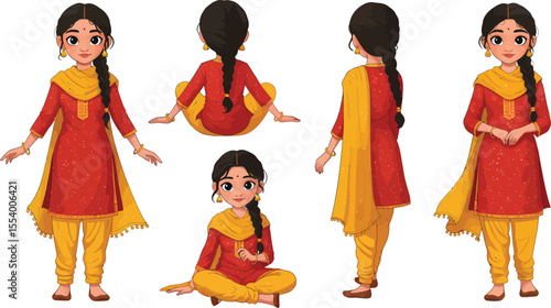 Cartoon Girl in Traditional Indian Attire - Diverse Poses